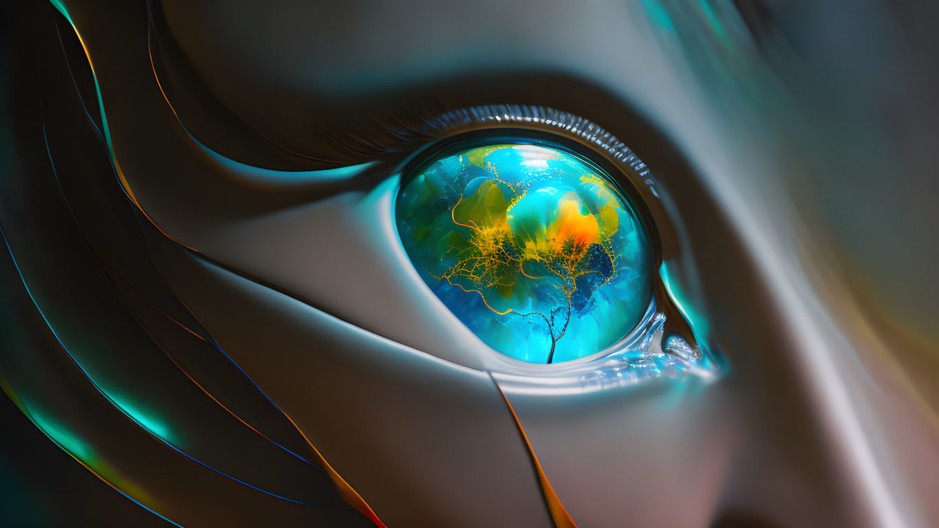 Surreal image of glowing Earth reflected in detailed eye