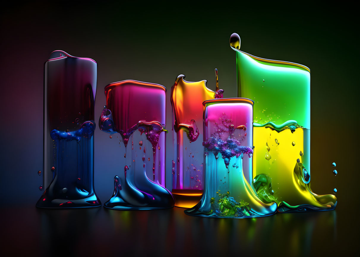 Vibrant neon-colored liquid splashes on dark background