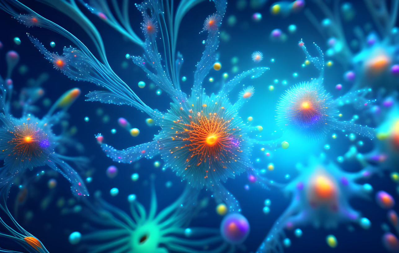 Vibrant glowing neuron-like structures in digital illustration