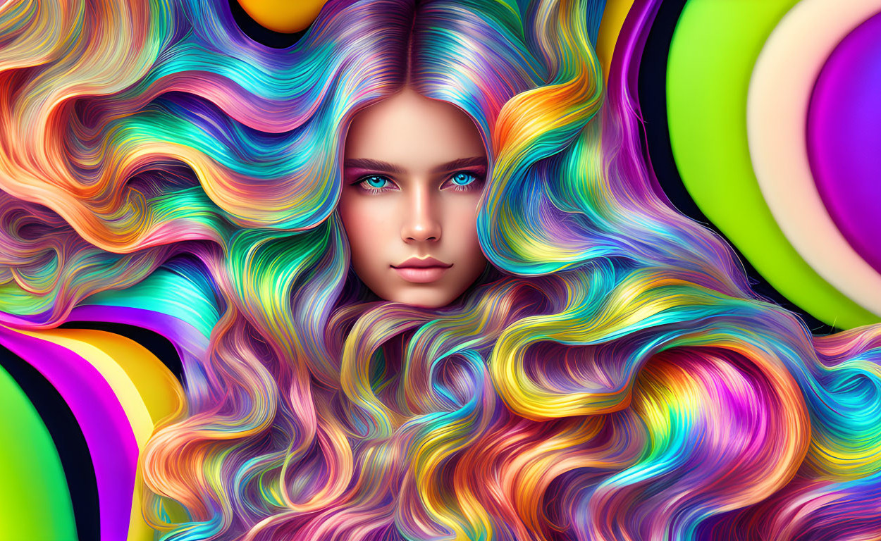 Colorful digital artwork: Woman with flowing multicolored hair in psychedelic background