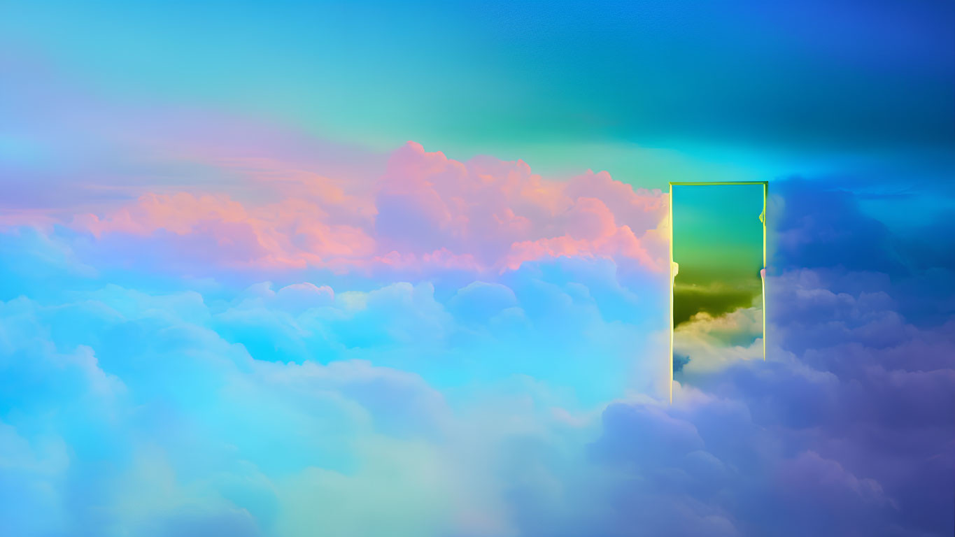 Pastel Blue and Pink Clouds with Surreal Door-Shaped Cutout