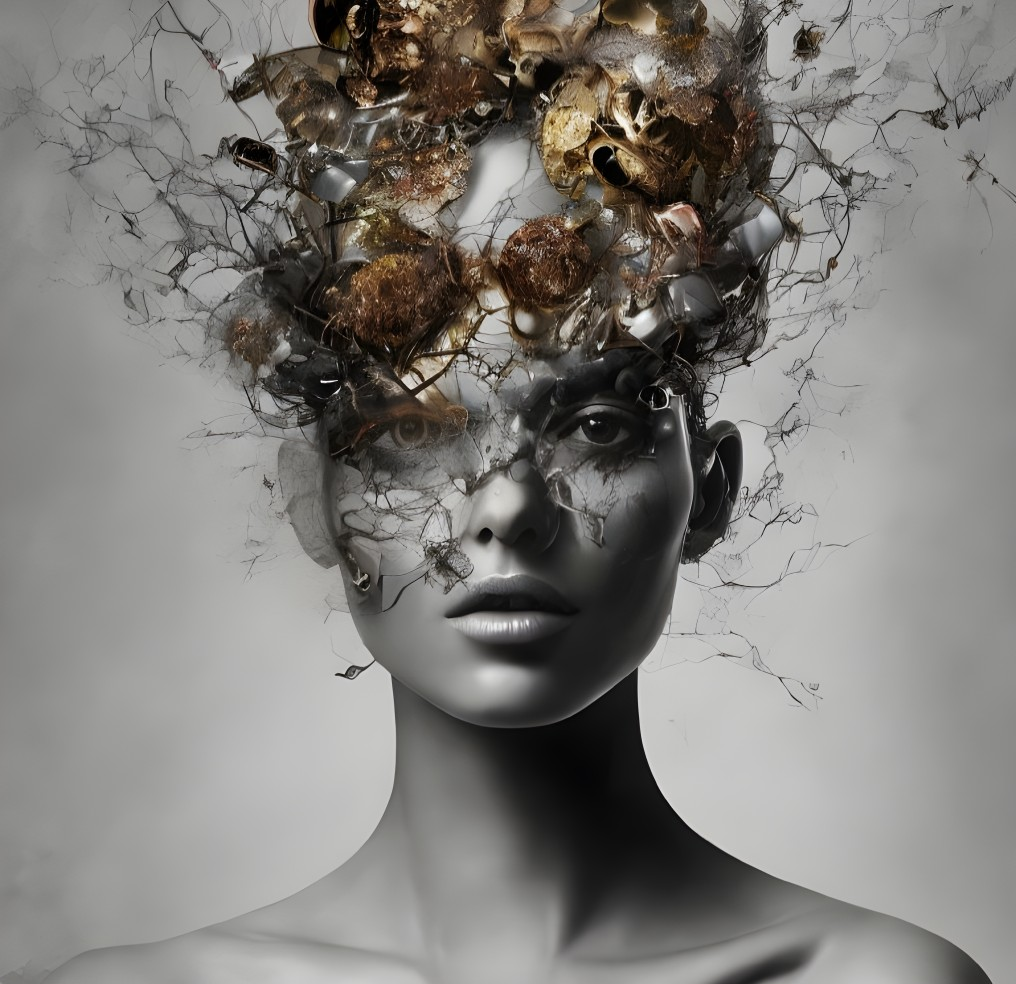 Surreal digital art portrait of a woman with metallic headdress