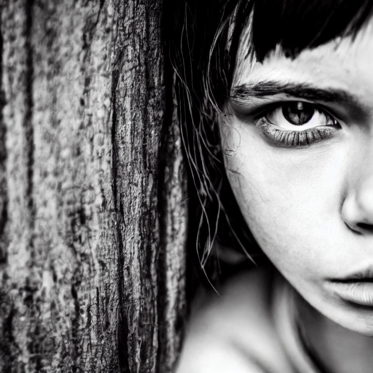 Monochrome close-up of child's intense gaze by tree trunk