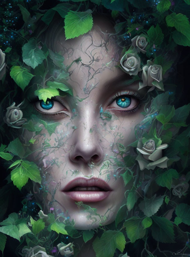 Digital portrait of woman with vines, leaves, roses, blue eyes, and ivy patterns