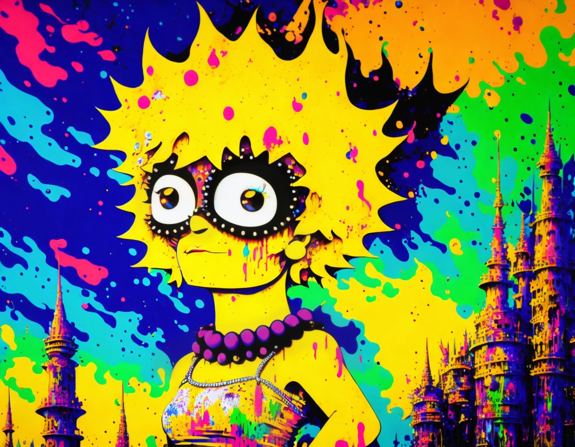 Colorful Pop Art Cartoon Girl with Spiked Hair and Glasses on Fantasy Castle Background