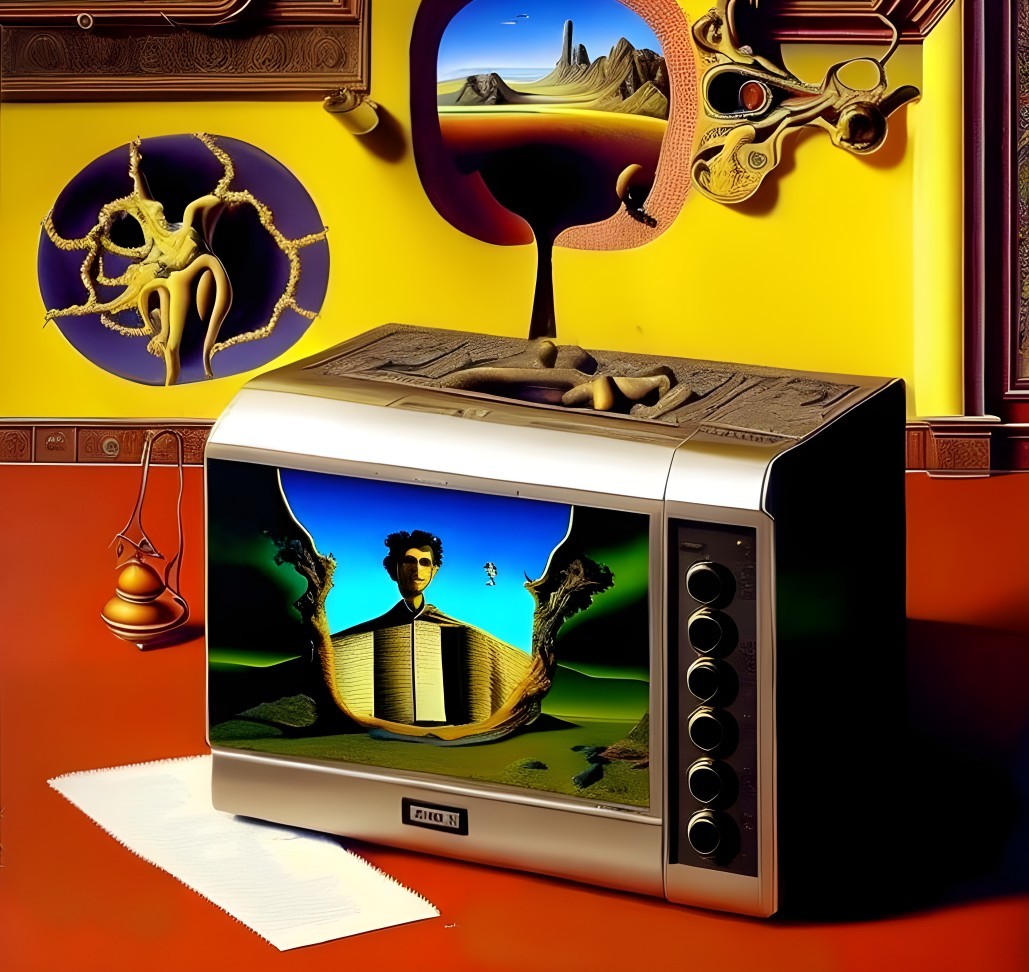 Surreal artwork: retro TV, man in landscape, floating elements