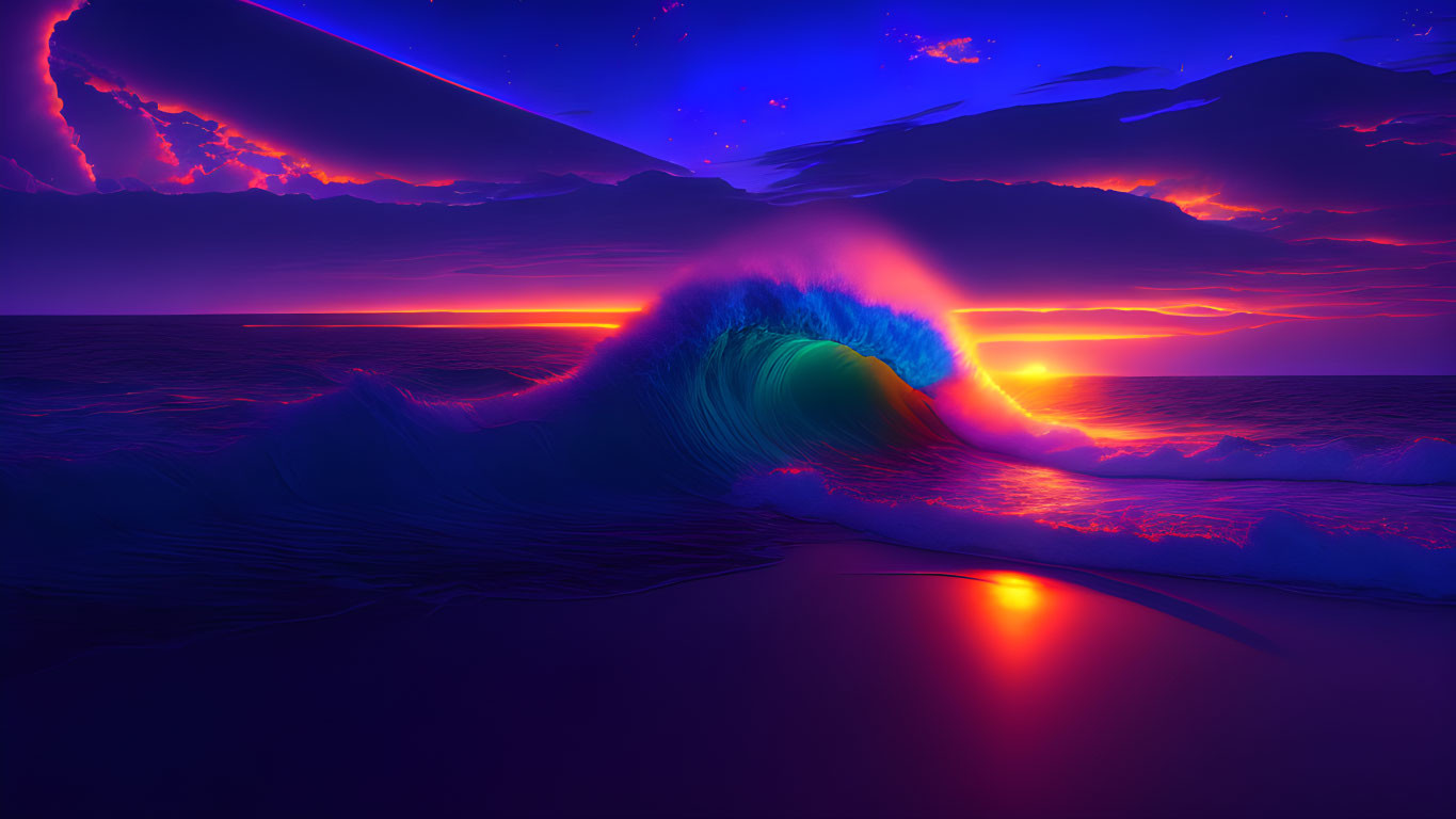 Colorful wave under purple sunset sky with bright horizon