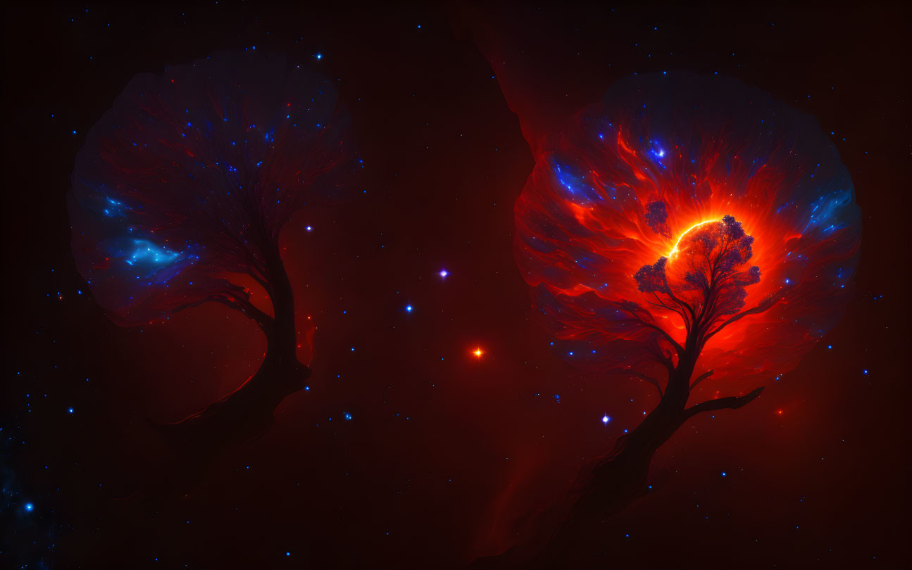 Digital artwork: Fiery red and blue tree-like structures on a cosmic, mystical background