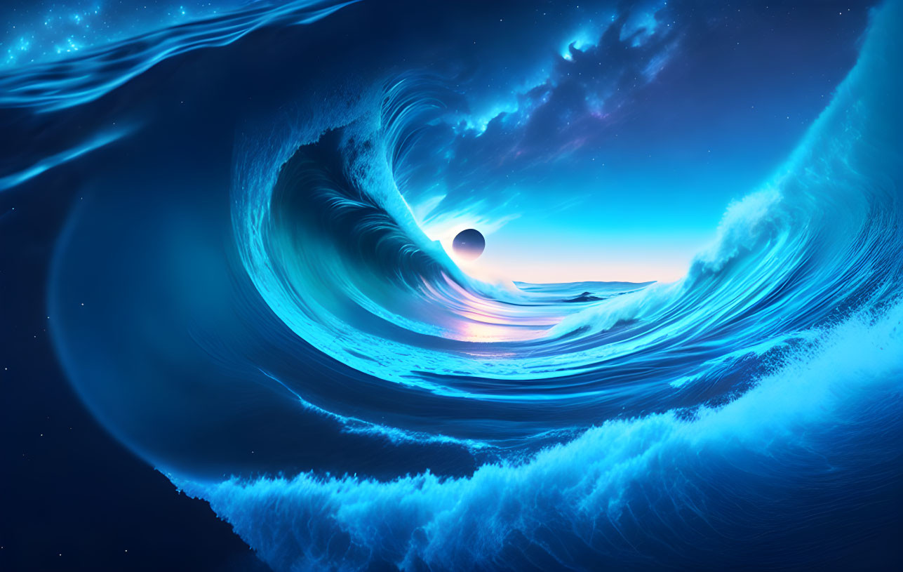 Surreal image of massive wave spiraling under night sky