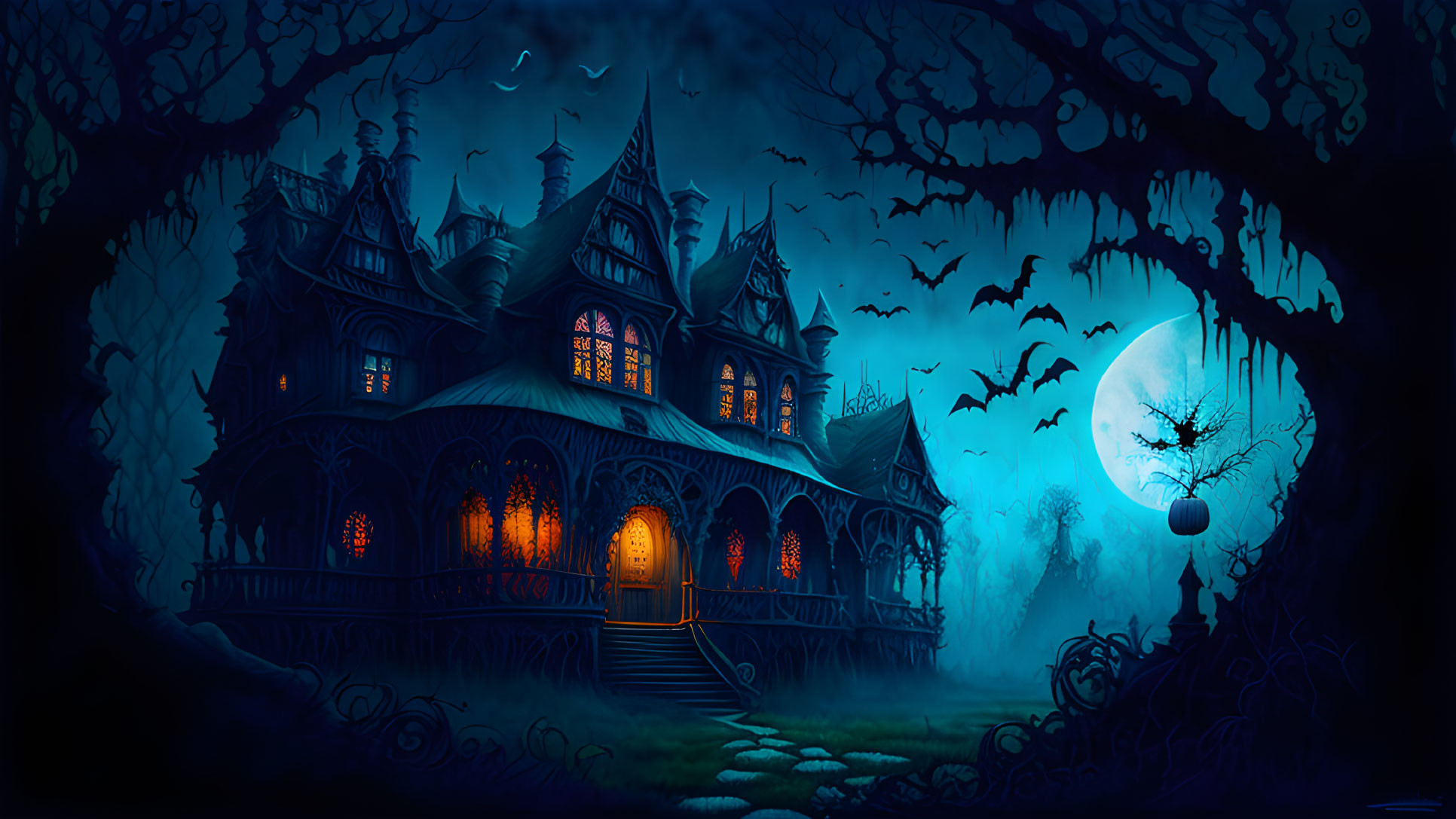 Spooky haunted mansion at night with full moon and bats