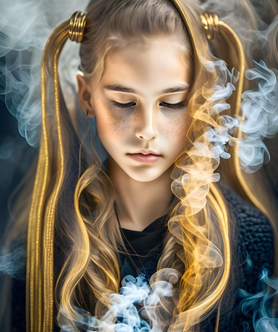 Golden Braided Girl Surrounded by Blue and White Smoke