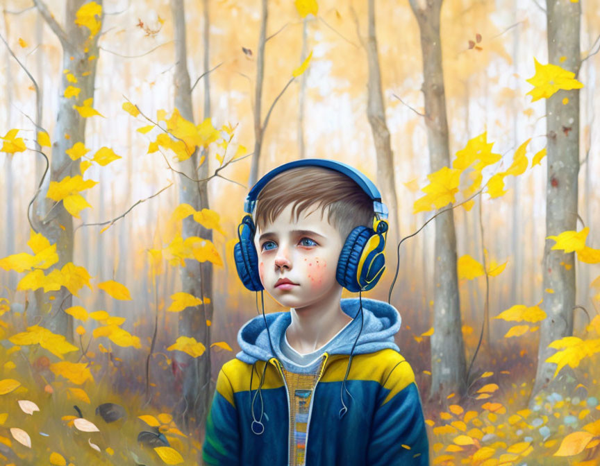 Child with headphones in pensive mood among yellow leaf forest