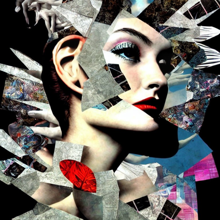 Abstract Geometric Collage with Female Face Fragment and Dark Color Palette