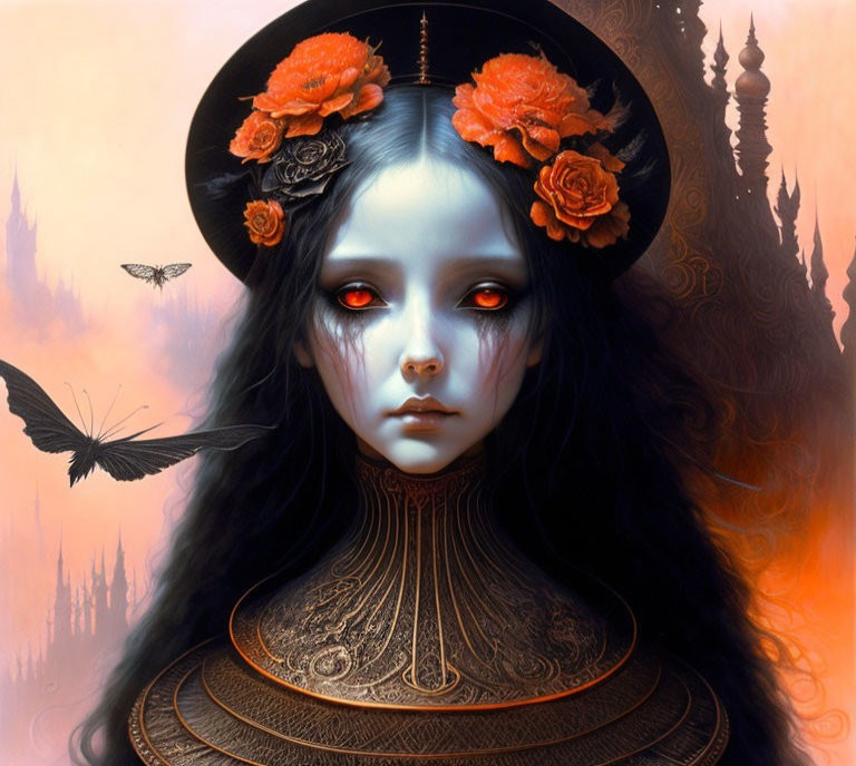 Surreal portrait of a girl with glowing red eyes and ornate ruff collar