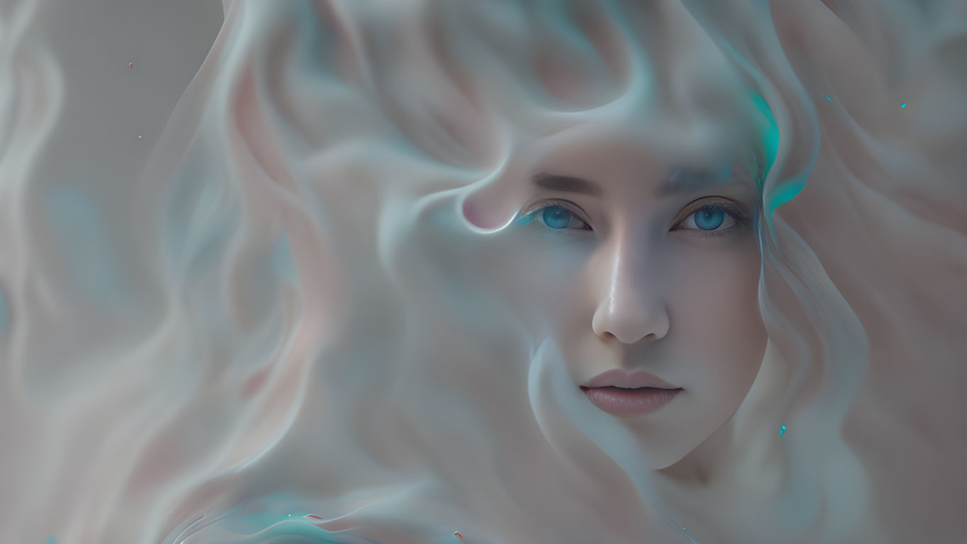 Surreal digital art: person with blue eyes and flowing hair in soft-focus setting