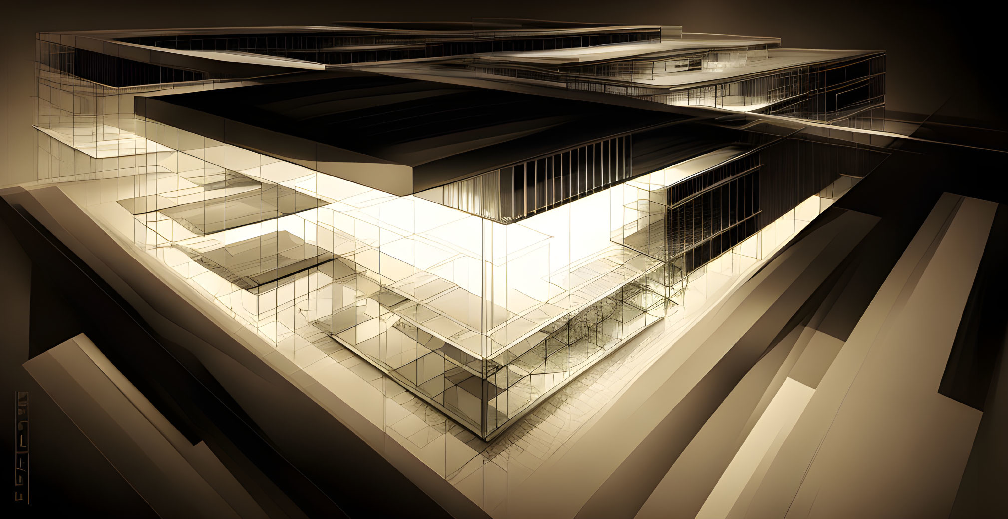 Modern multi-level building architectural rendering with sharp geometric lines and illuminated interiors.