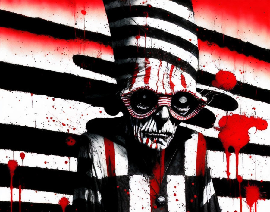 Stylized skull with striped headgear on red and black background