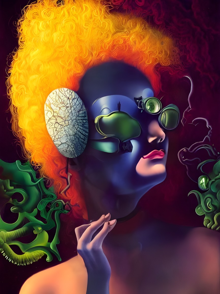 Vibrant surreal portrait with orange hair, stone texture, green goggles, and serpentine creatures