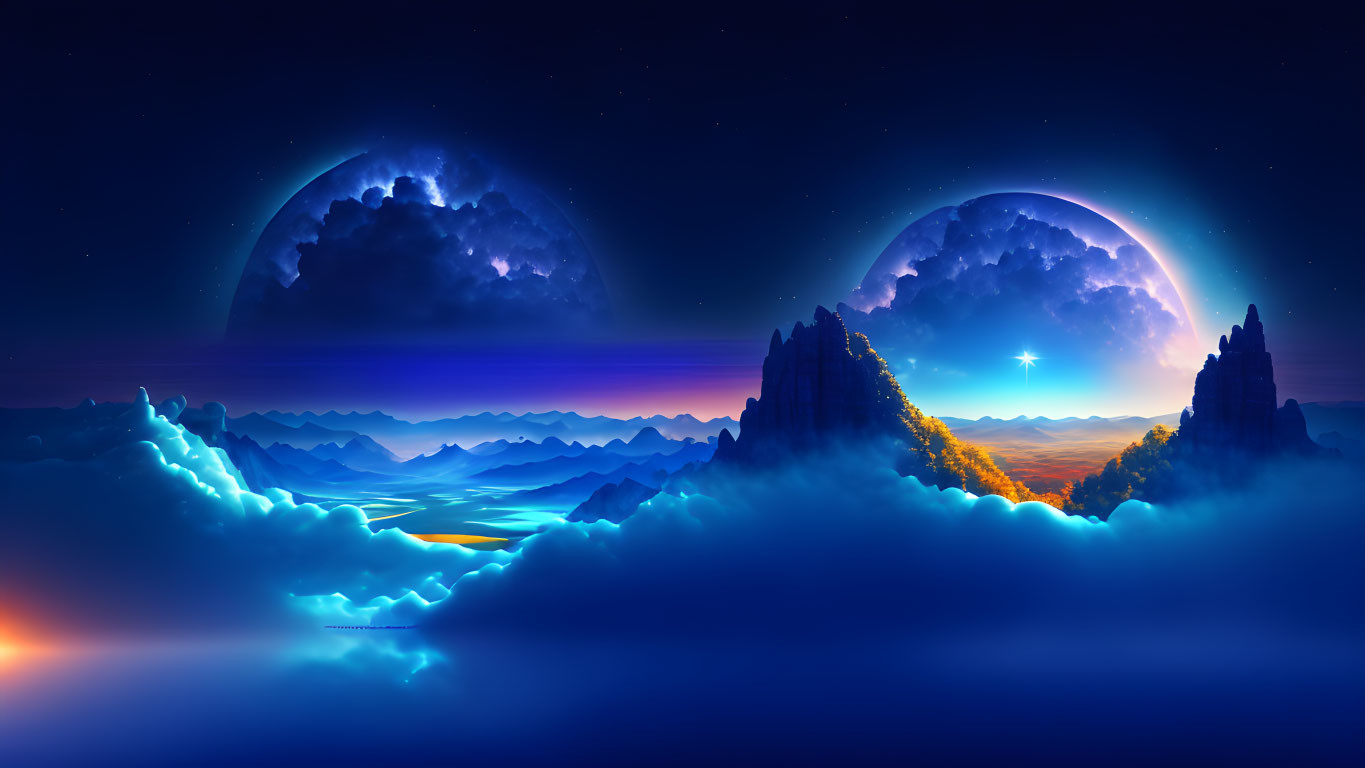 Fantasy landscape with two large moons over misty mountains