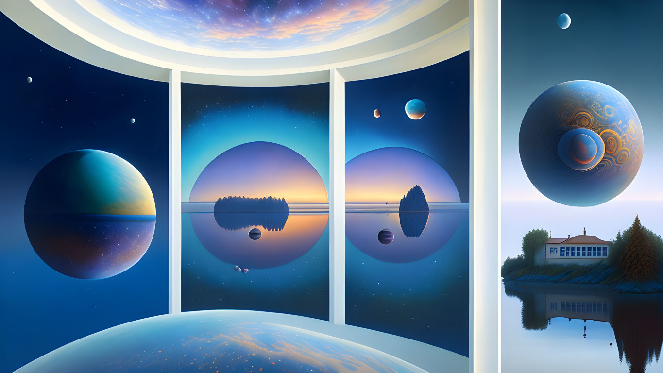 Tranquil digital art space scene with planets, galaxy, lake, and building