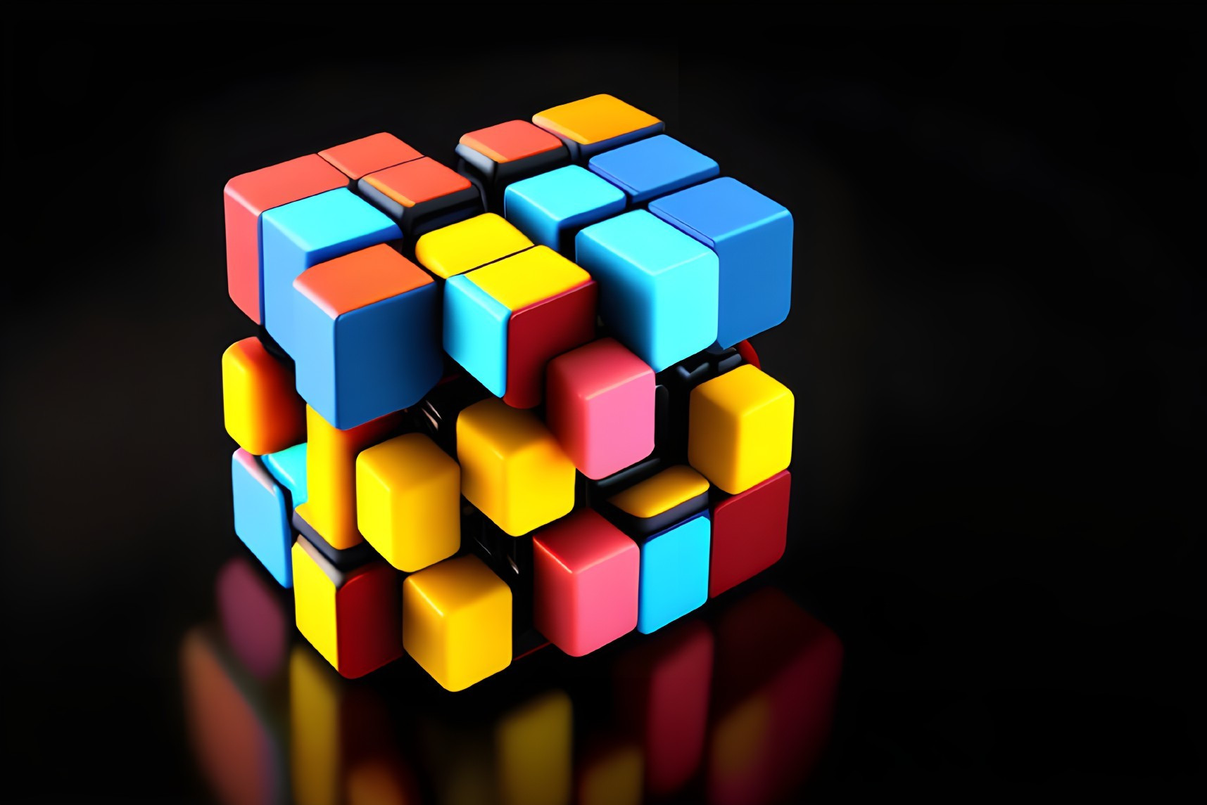 Colorful 3D Rubik's Cube on Reflective Black Surface