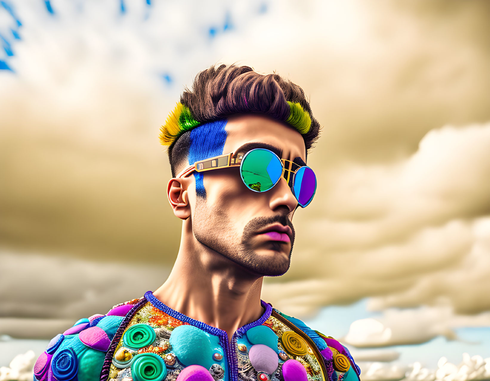 Colorful Mohawk Hairstyle Man in Sunglasses Under Cloudy Sky