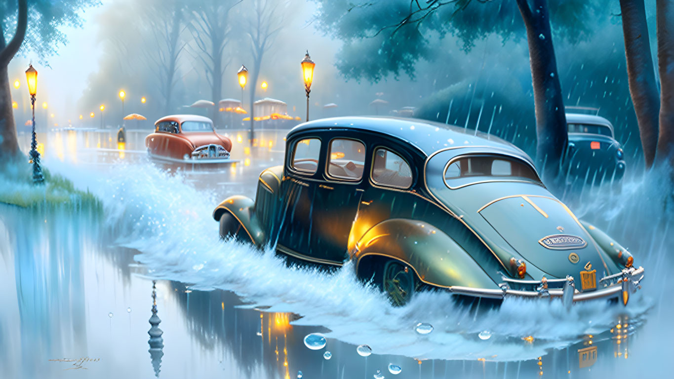 Classic cars in rain-soaked street with glowing streetlamps and water reflections