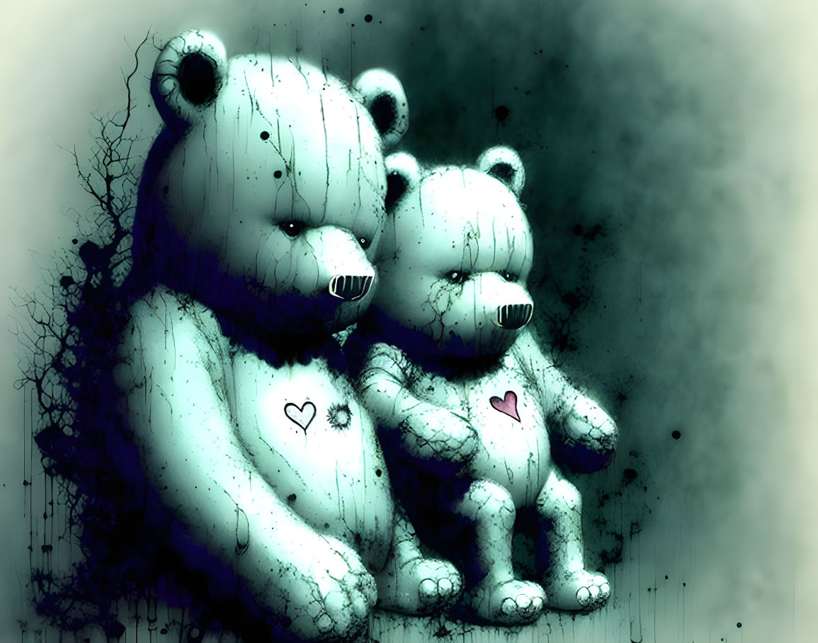 Stylized teddy bears with heart symbols in misty grunge setting