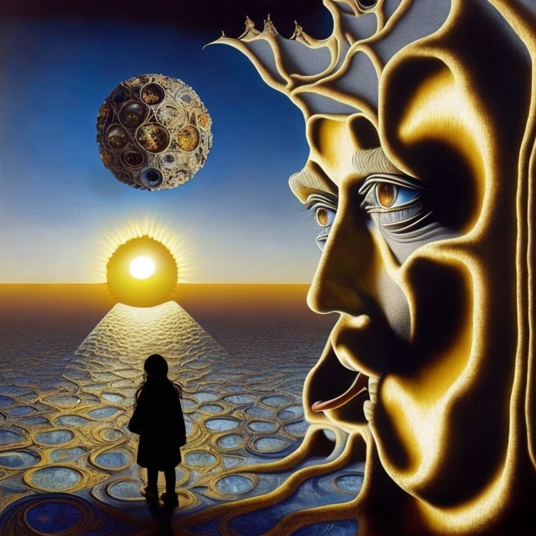 Surrealist painting: large golden face, girl by sunset water, complex sky sphere