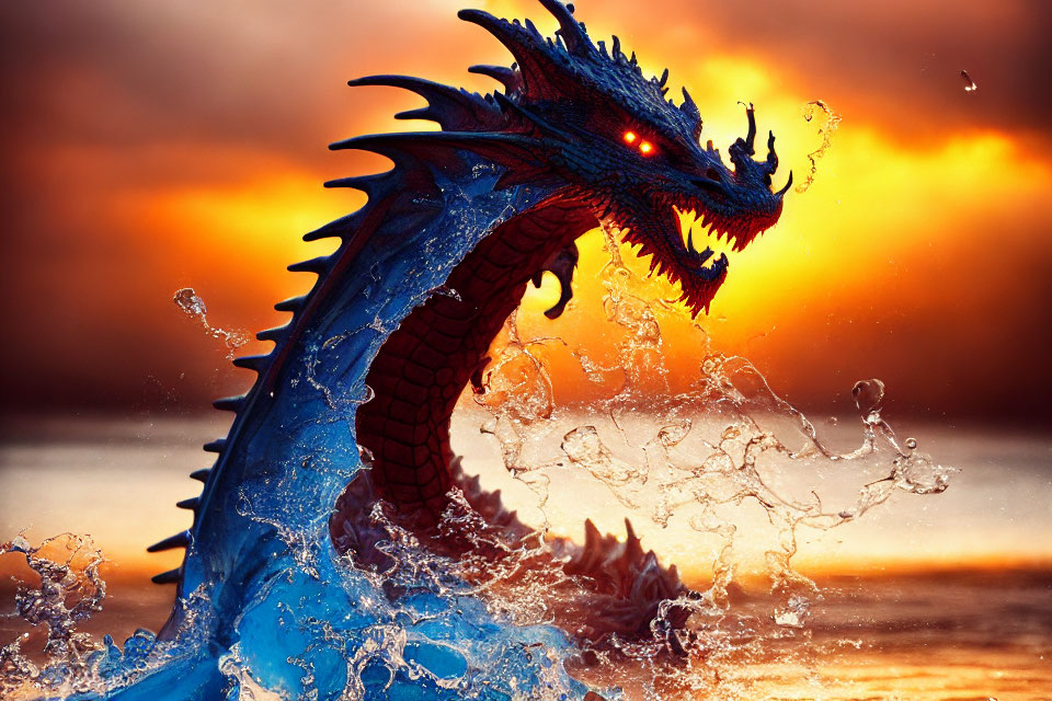 Blue Dragon Emerges from Water Against Fiery Sunset Sky