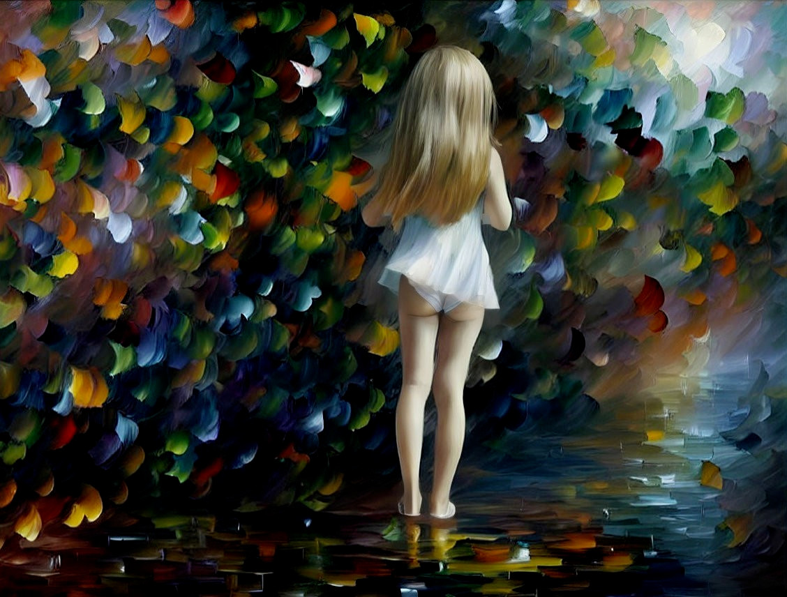 Young girl with long blonde hair in white dress on reflective surface amidst colorful foliage