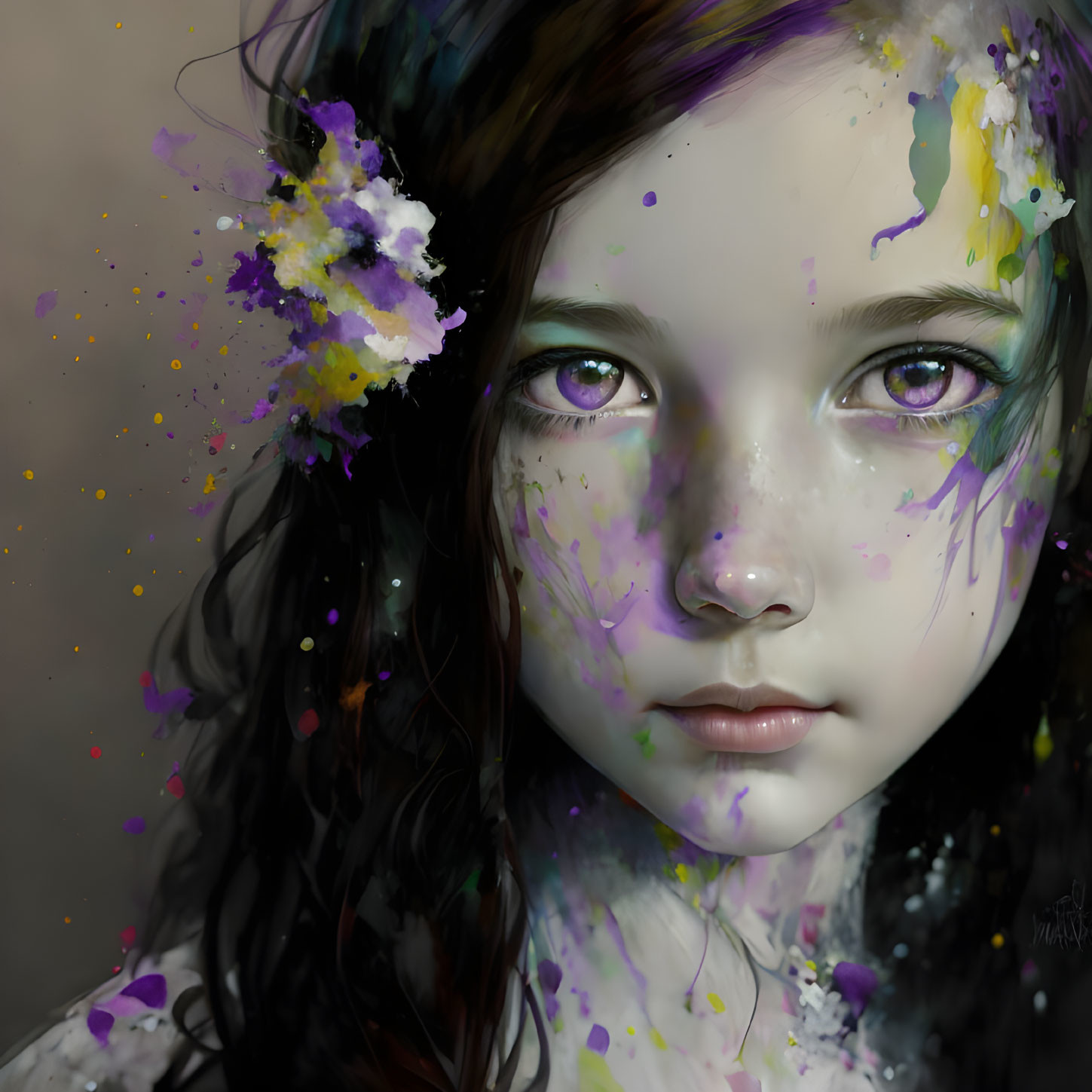 Dark-haired girl with blue eyes in whimsical paint splatters