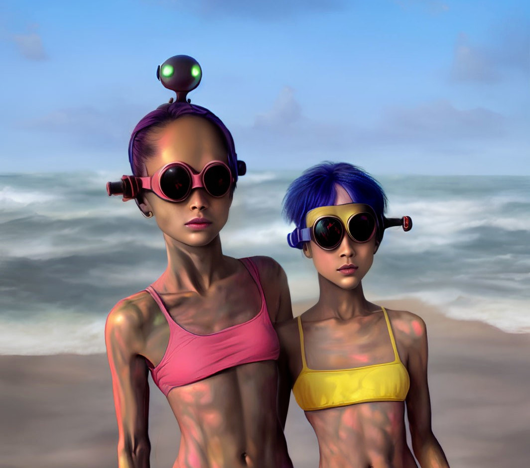 Stylized female figures with futuristic goggles and colorful hair on a beach.