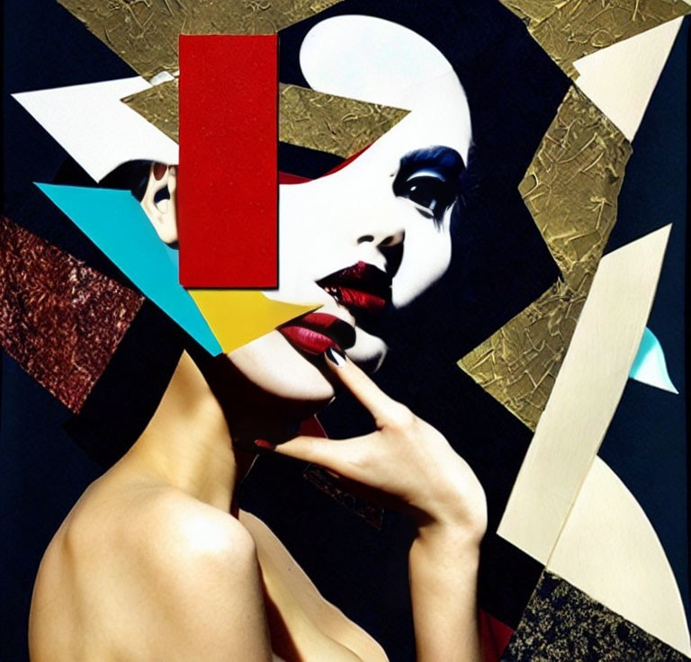 Abstract Collage Art: Woman's Face with Vibrant Colors & Geometric Shapes