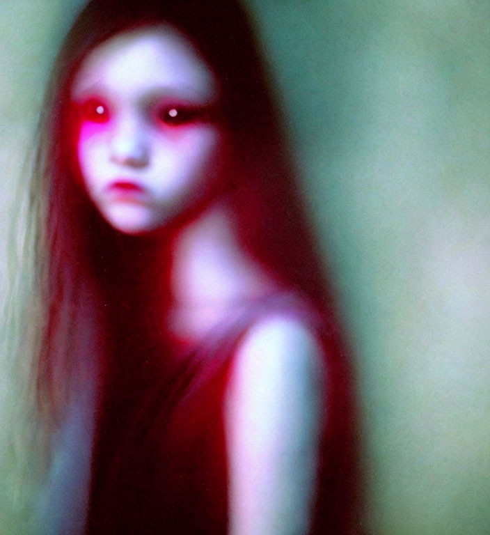 Blurred image of melancholic girl in red and blue light