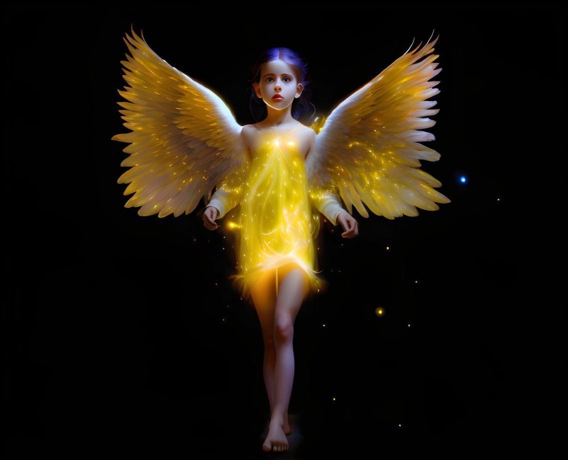 Ethereal young angel with radiant wings on dark backdrop