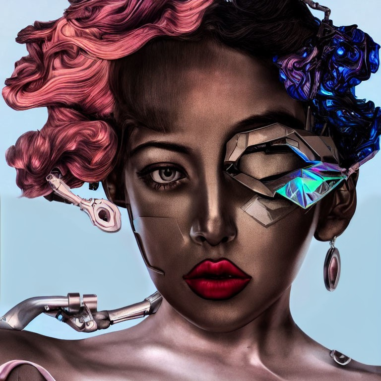 Female figure with cyborg features: Mechanical eye, pink hair, red lips, pastel background