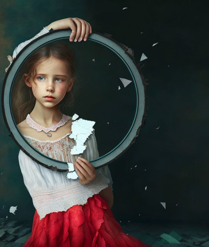 Young girl holding shattered mirror with floating pieces, wearing white blouse and red skirt