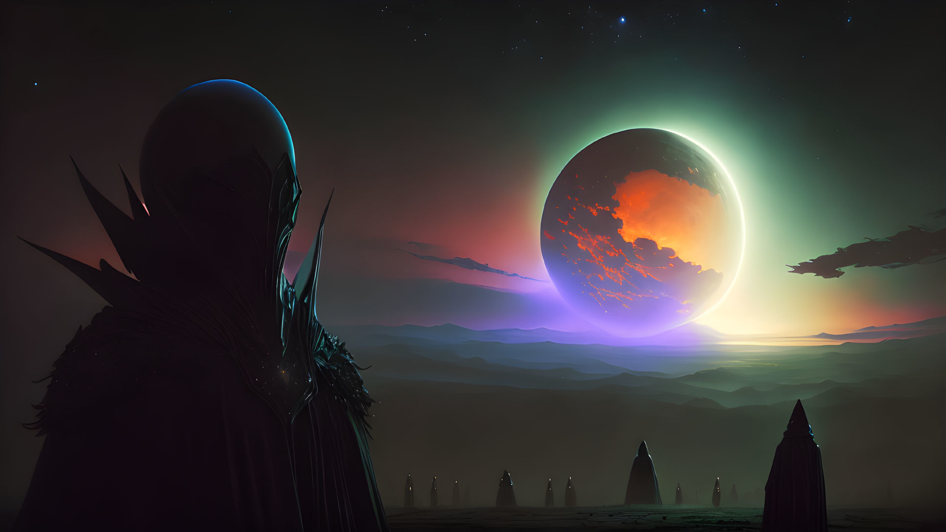 Cloaked figure gazes at rising planet in vast night landscape