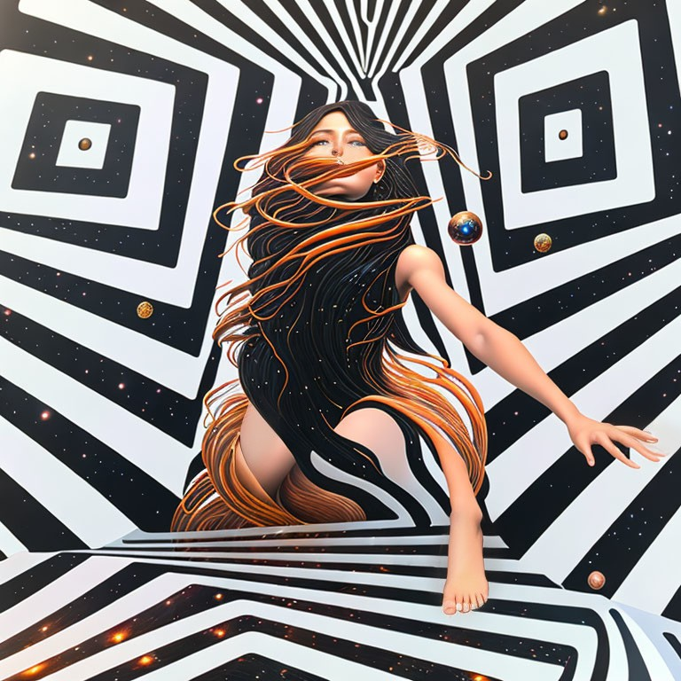 Surreal cosmic artwork featuring woman with flowing hair