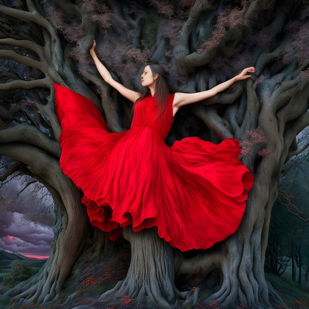 Woman in flowing red dress poses by ancient tree with pink blooms against dramatic sky