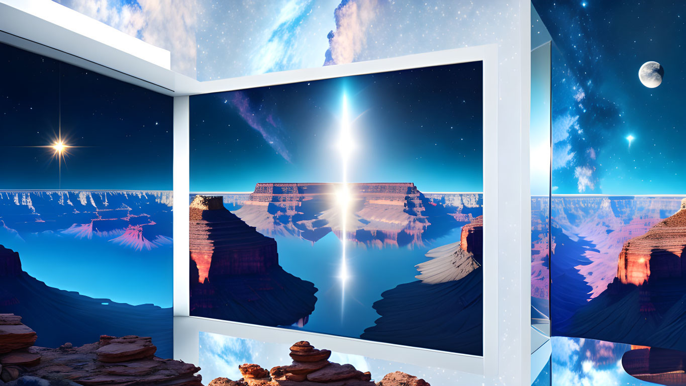 Futuristic room with large window overlooking surreal glowing canyon landscape