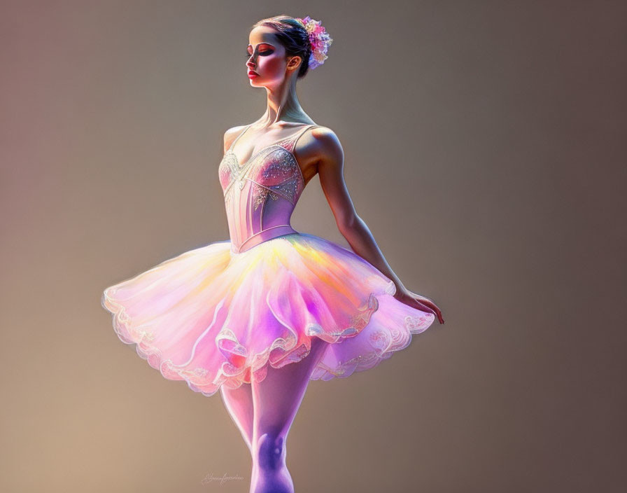 Ballet dancer in pink tutu with beadwork and flowers on gradient backdrop