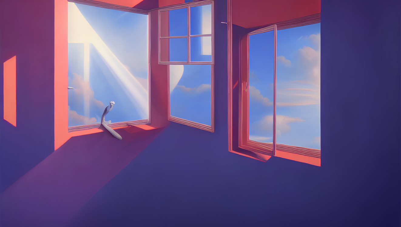 Purple-walled room with red windows, white peacock, and blue sky view