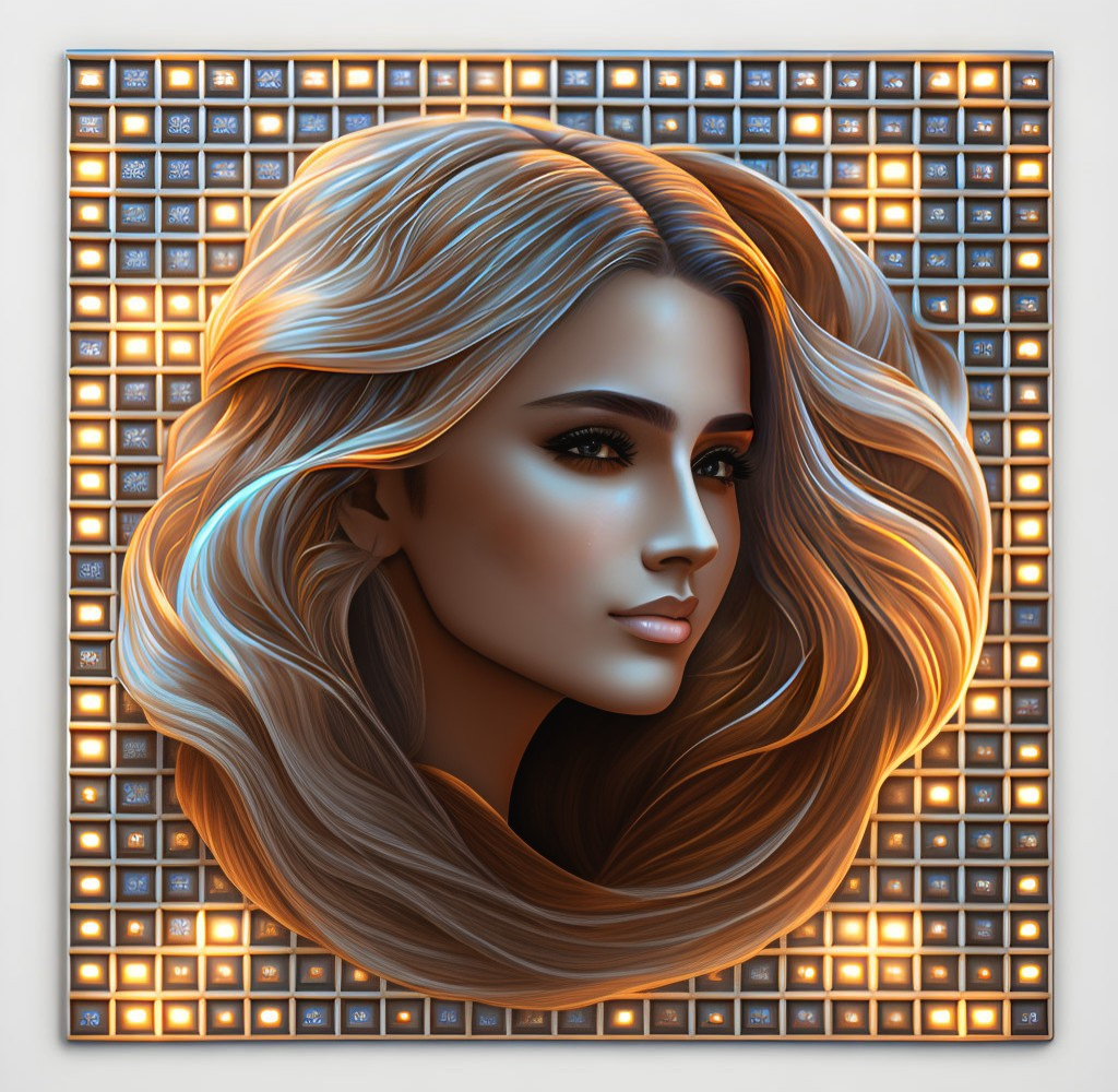 Blonde woman with intricate makeup on geometric backdrop