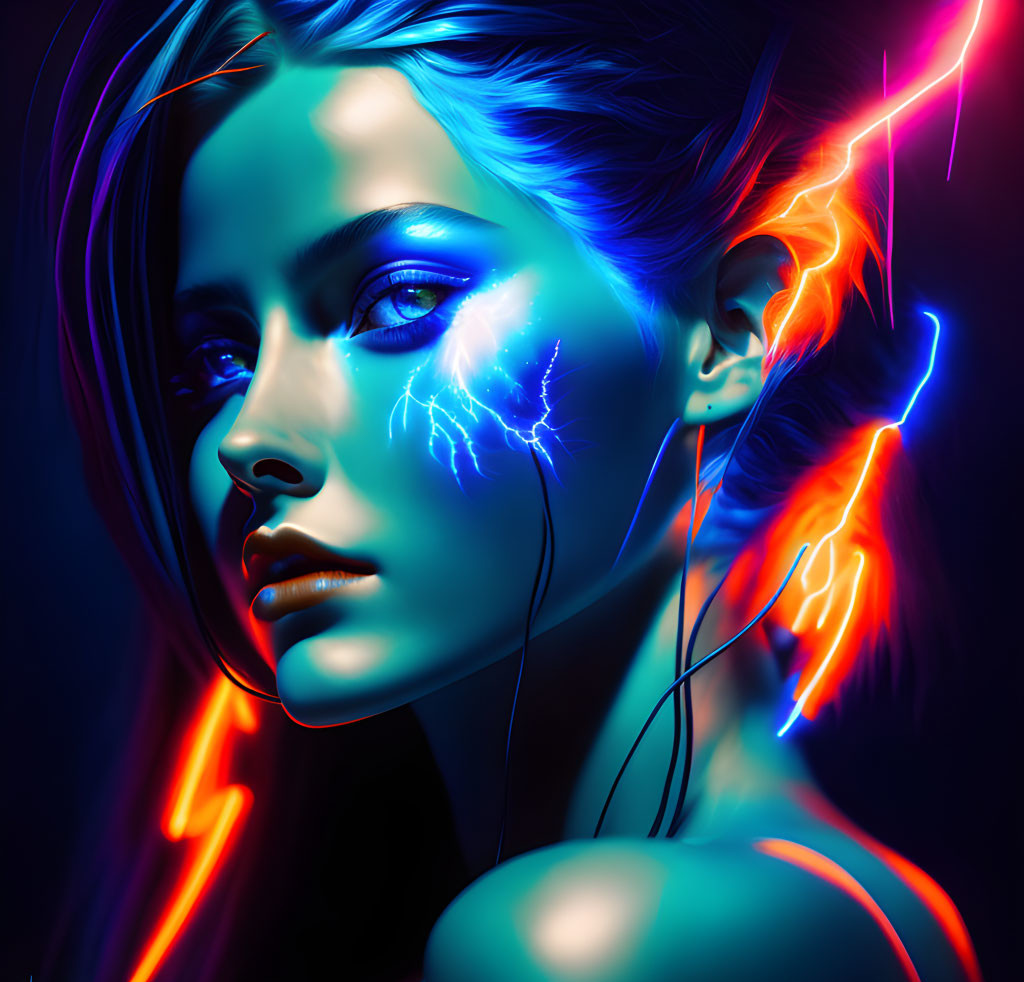 Vibrant neon colors in digital artwork of woman