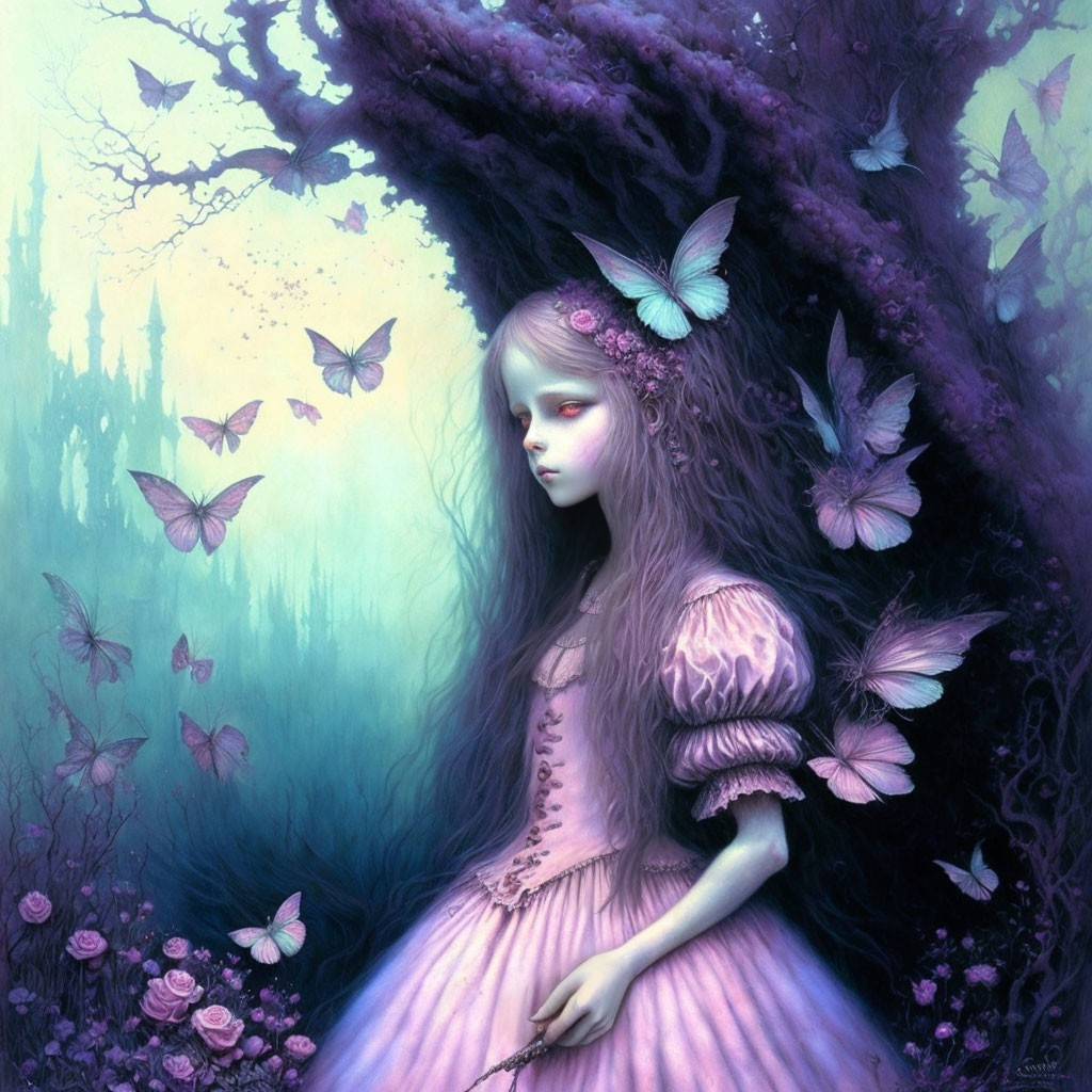 Surreal girl with butterflies in mystical forest scene