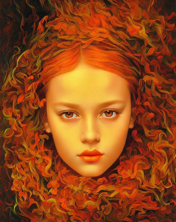 Detailed digital artwork: Girl with fiery orange hair and swirling curls