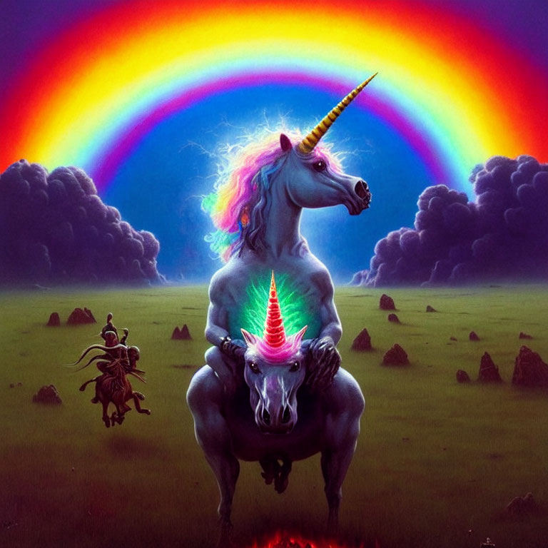 Mythical unicorn and knight scene in meadow with rainbow and moody sky