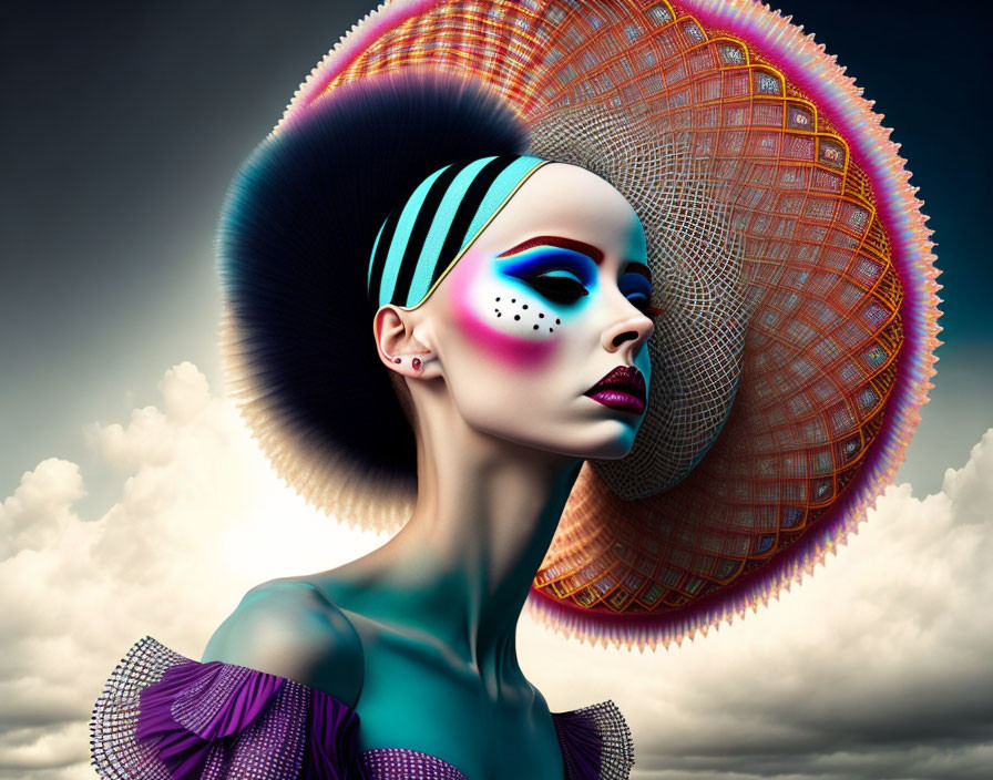 Colorful digital artwork: Stylized woman with multicolored makeup & patterned hat against cloudy